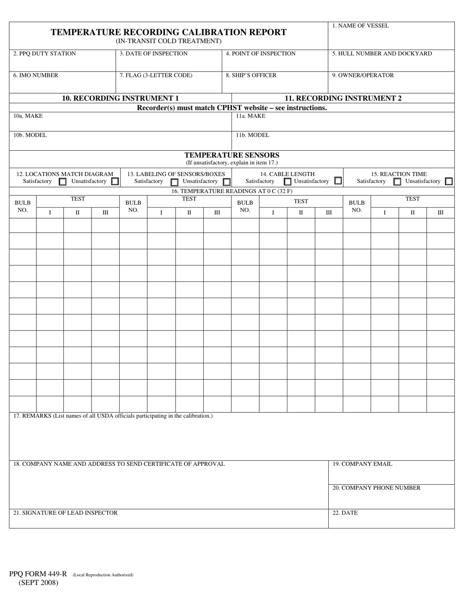 PPQ Form 449-R Temperature Recording Calibration Report (In-transit Cold Treatment), Page 1