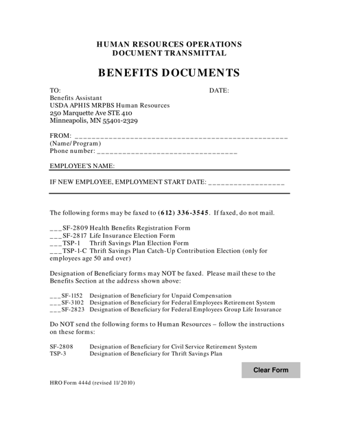 HRO Form 444D Human Resources Operations Document Transmittal Benefits Documents