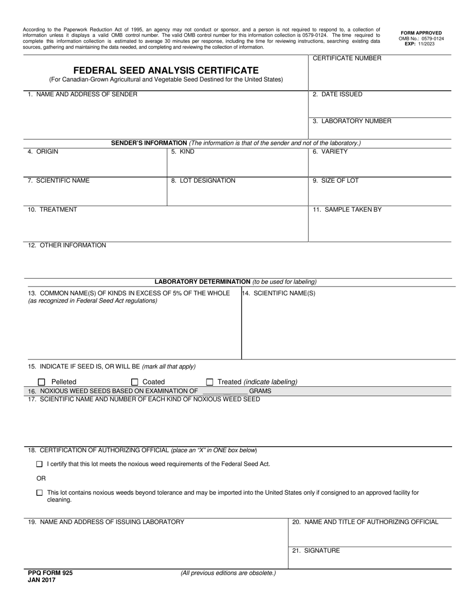 PPQ Form 925 Federal Seed Analysis Certificate, Page 1