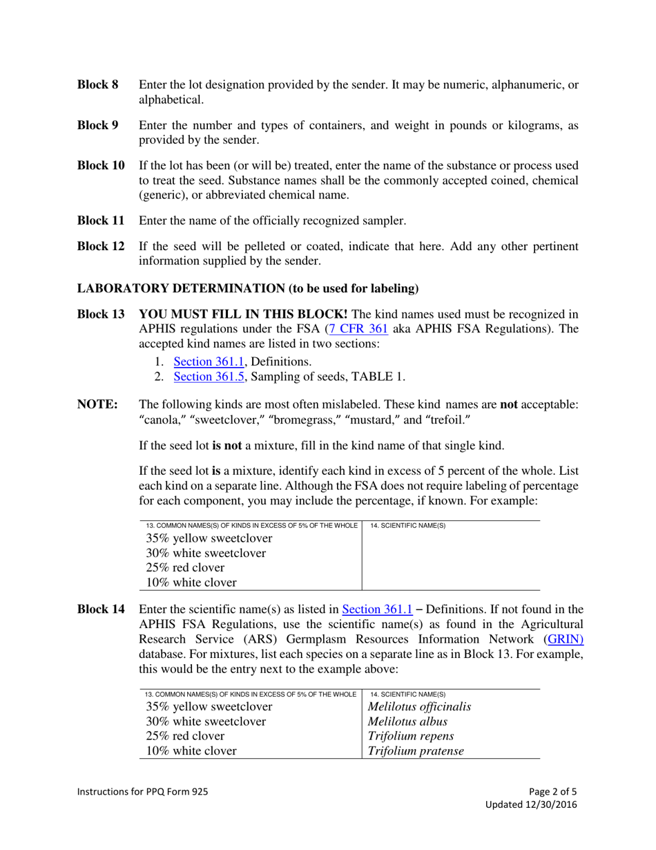 PPQ Form 925 Federal Seed Analysis Certificate, Page 3