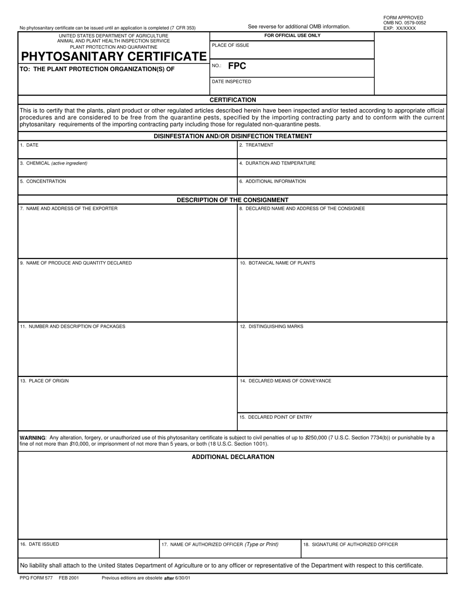 PPQ Form 577 Phytosanitary Certificate, Page 1