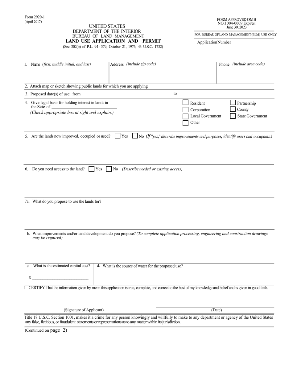 Form 2920-1 Land Use Application and Permit, Page 1