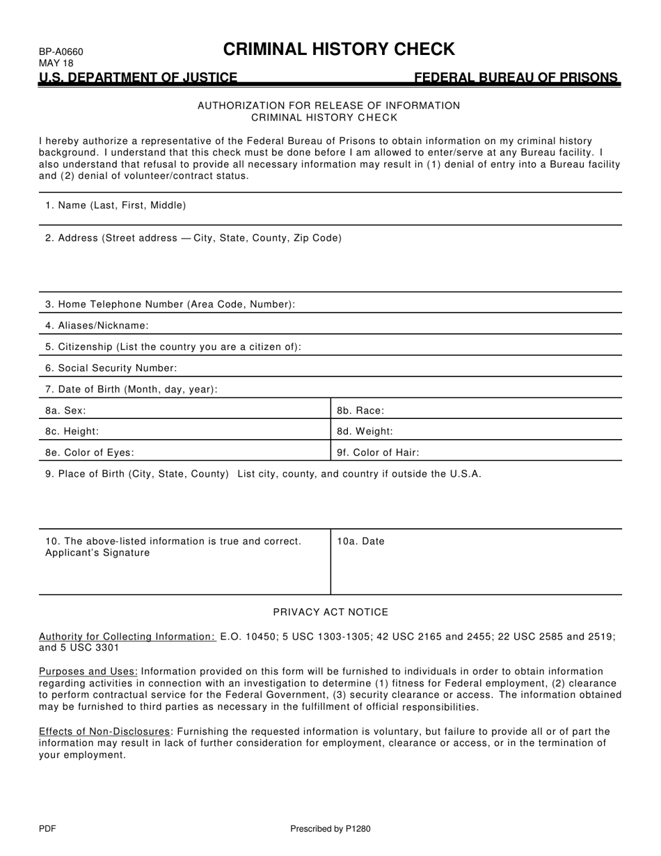 Form BP-A0660 Criminal History Check (English / Spanish), Page 1