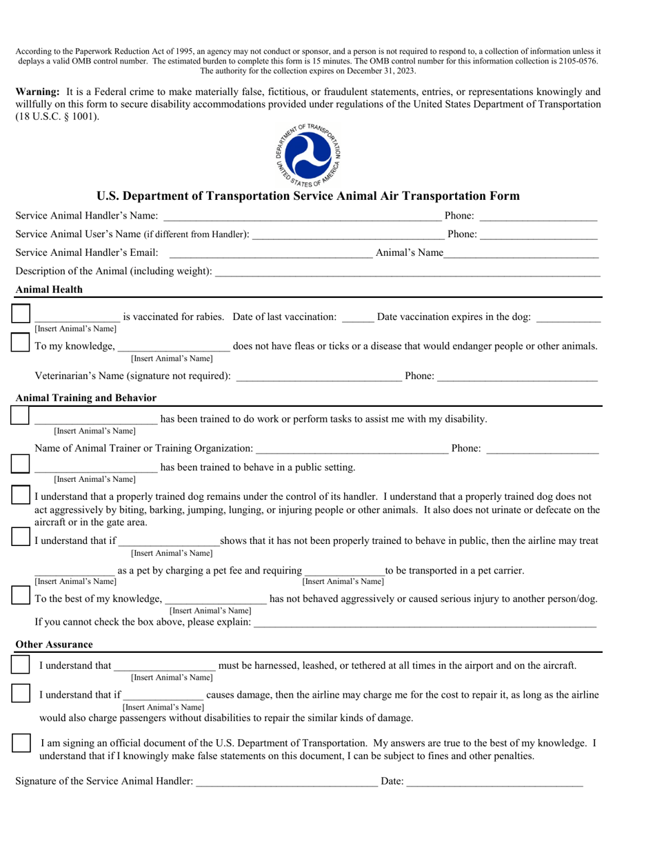 U.S. Department of Transportation Service Animal Air Transportation Form, Page 1