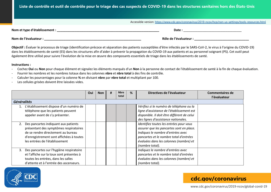 Checklist and Monitoring Tool for Triage of Suspected Covid-19 Cases in Non-US Healthcare Settings (French), Page 1