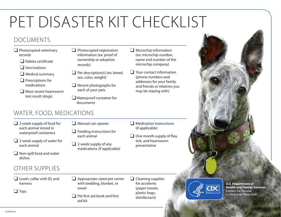 Form CS295562-A Pet Disaster Kit Checklist, Page 1