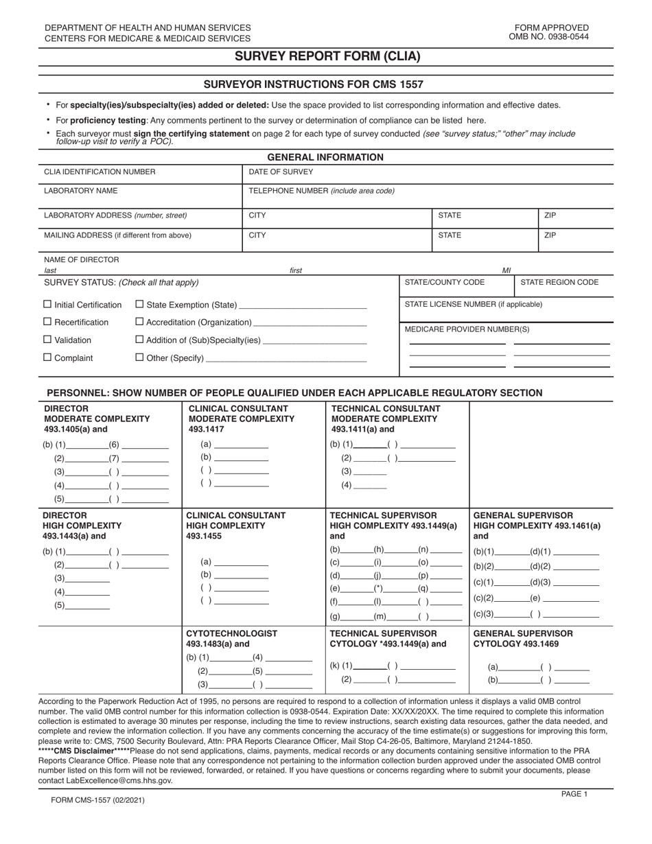 Form CMS-1557 Survey Report Form (Clia), Page 1