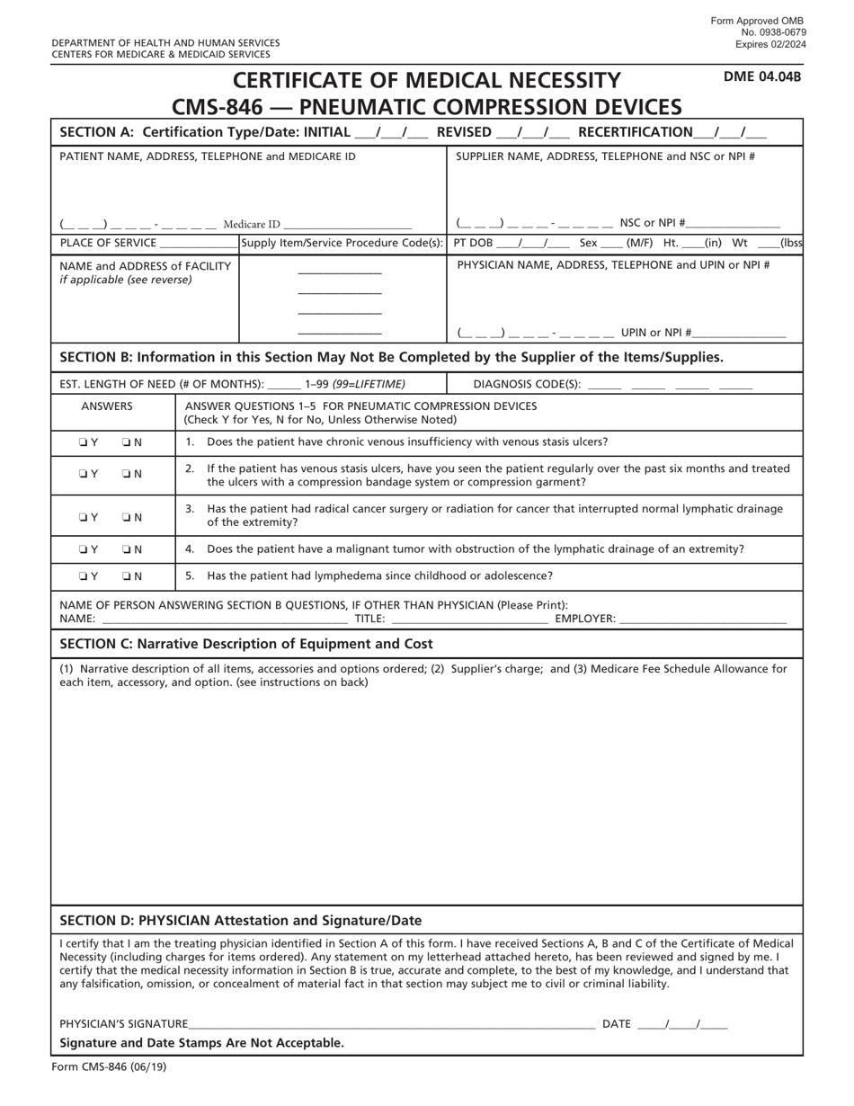 Form CMS-846 Certificate of Medical Necessity - Pneumatic Compression Devices, Page 1
