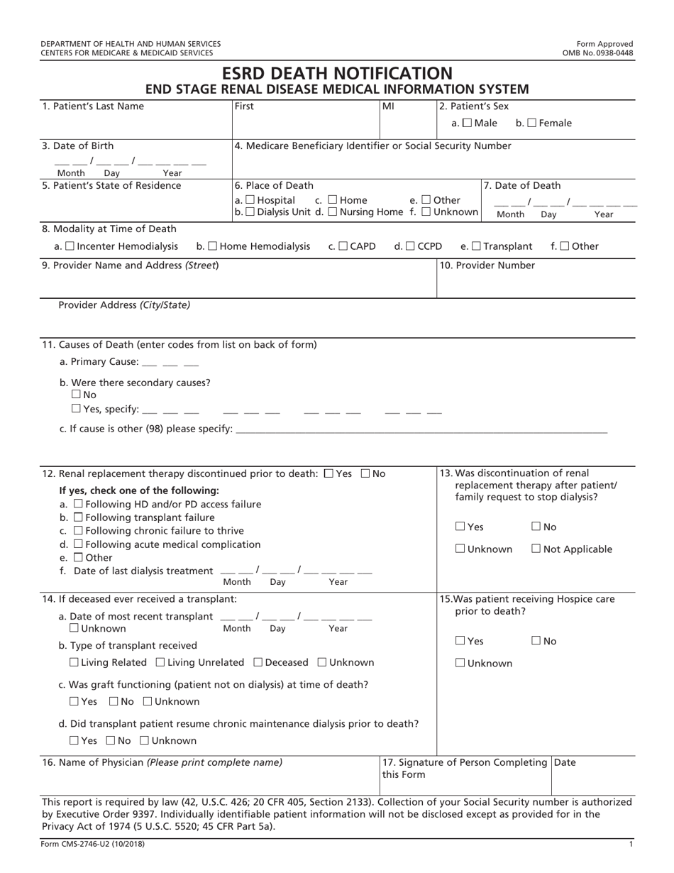 Form CMS-2746-U2 Esrd Death Notification - End Stage Renal Disease Medical Information System, Page 1