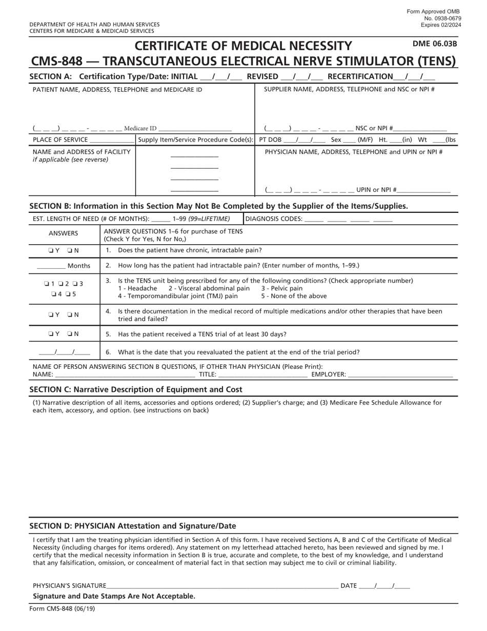 Form CMS-848 Certificate of Medical Necessity - Transcutaneous Electrical Nerve Stimulator (Tens), Page 1