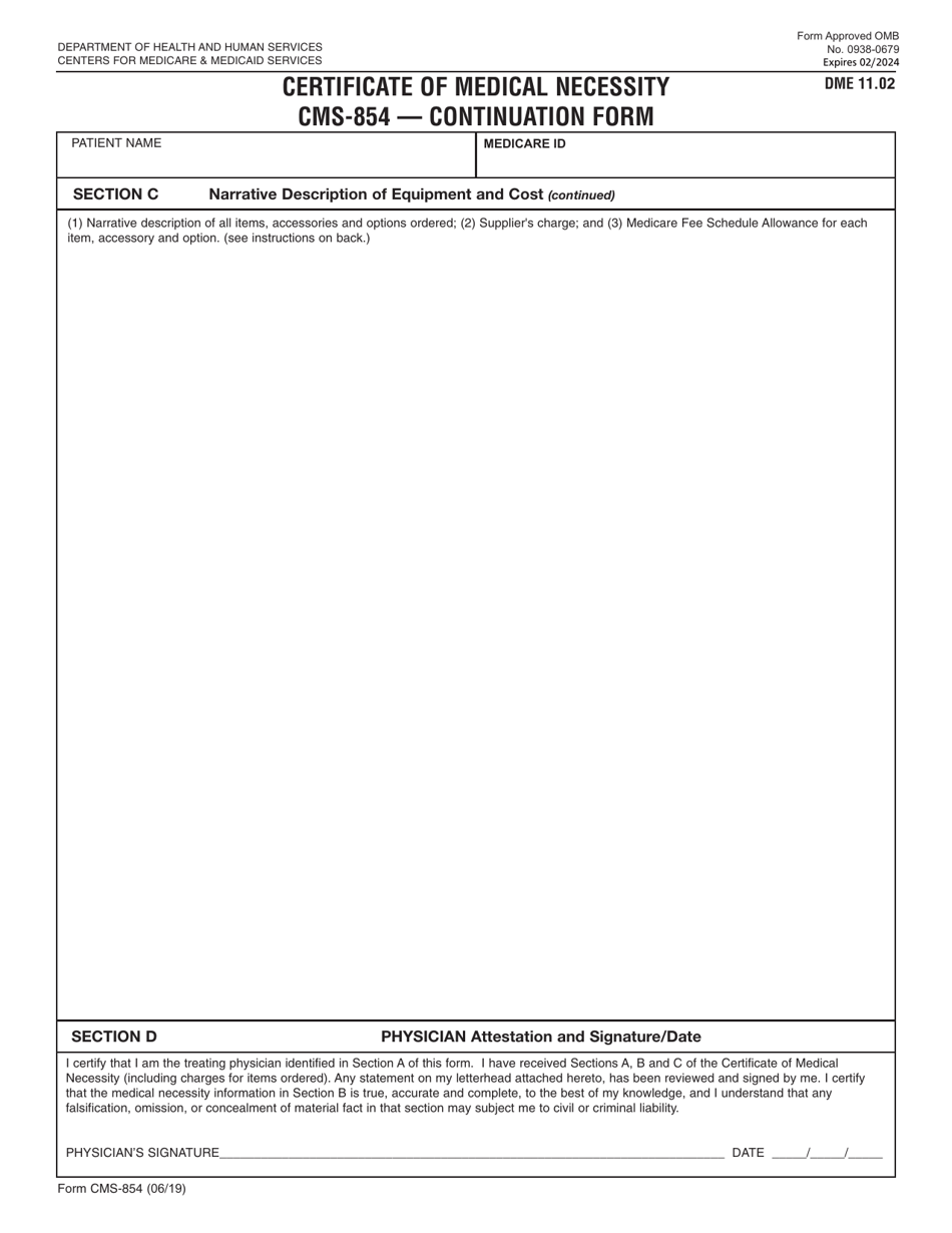 Form CMS-854 Certificate of Medical Necessity - Continuation Form, Page 1