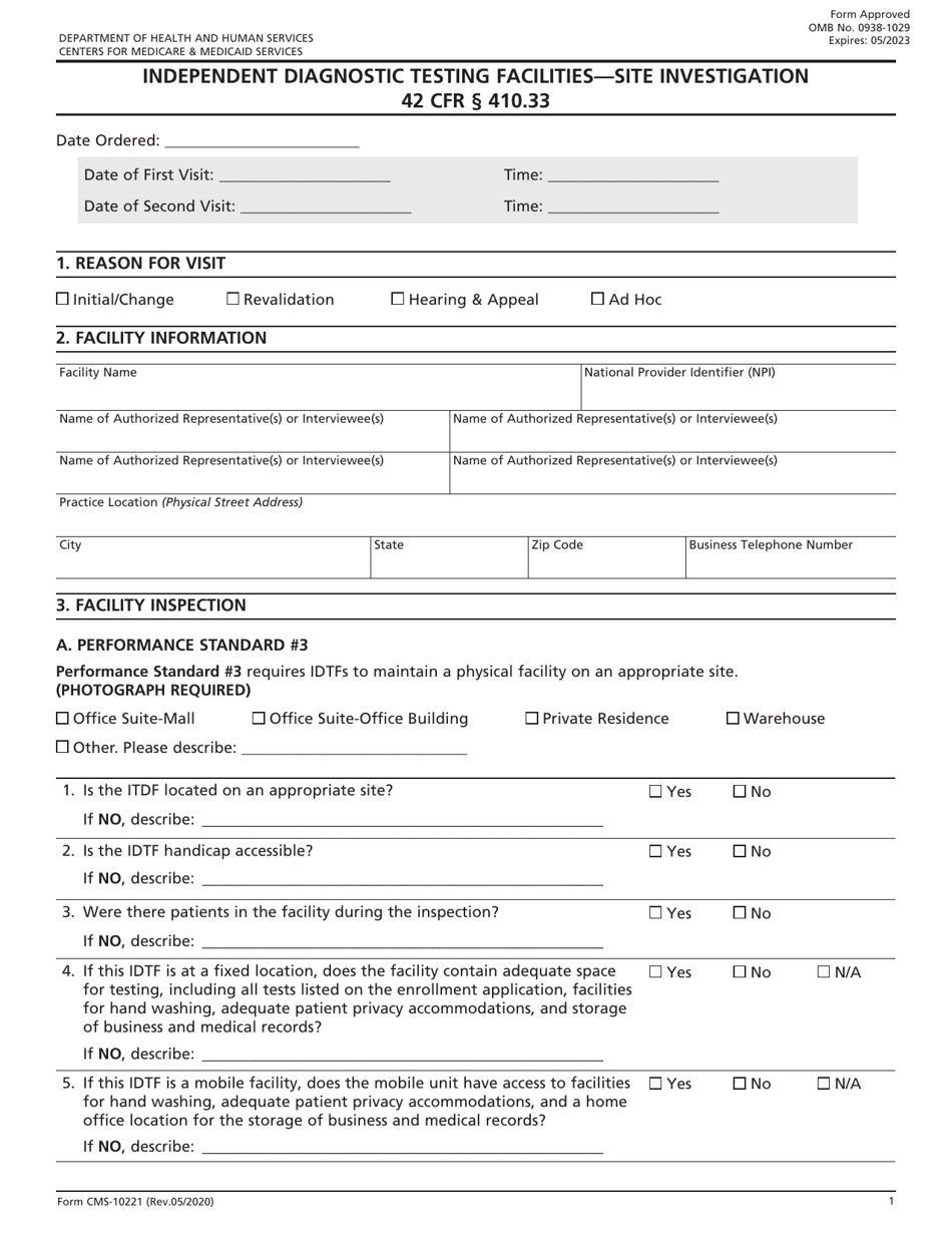 Form CMS-10221 Independent Diagnostic Testing Facilities - Site Investigation, Page 1