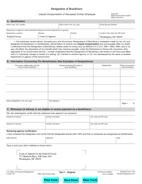 Form SF-1152 Designation of Beneficiary - Unpaid Compensation of Deceased Civilian Employee