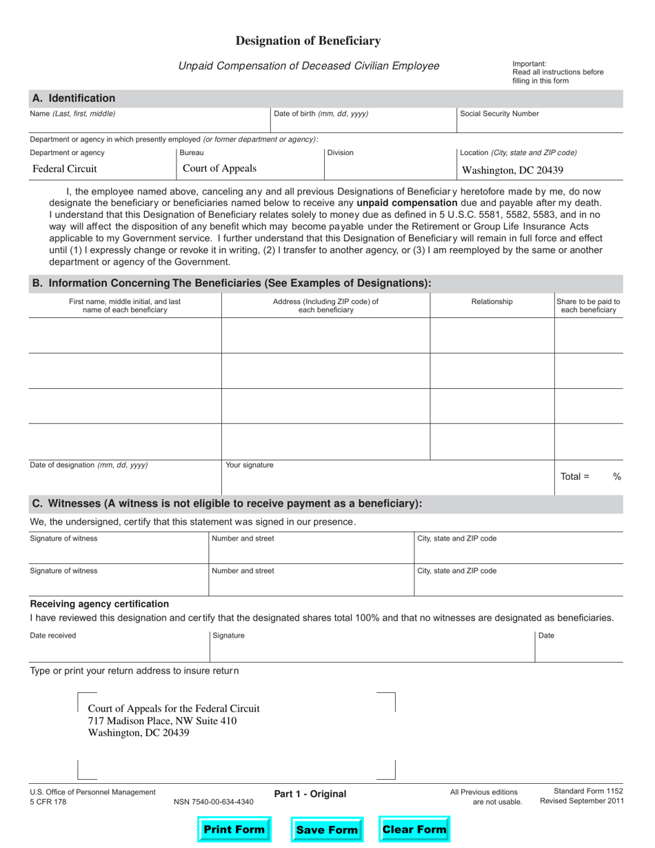 Form SF-1152 Designation of Beneficiary - Unpaid Compensation of Deceased Civilian Employee, Page 1