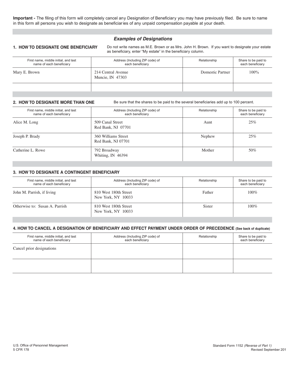 Form SF-1152 Designation of Beneficiary - Unpaid Compensation of Deceased Civilian Employee, Page 2