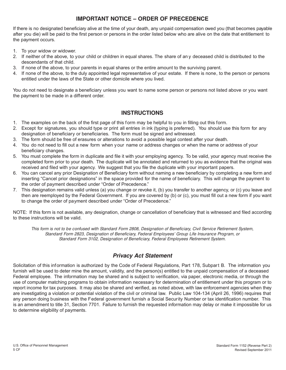 Form SF-1152 Designation of Beneficiary - Unpaid Compensation of Deceased Civilian Employee, Page 4