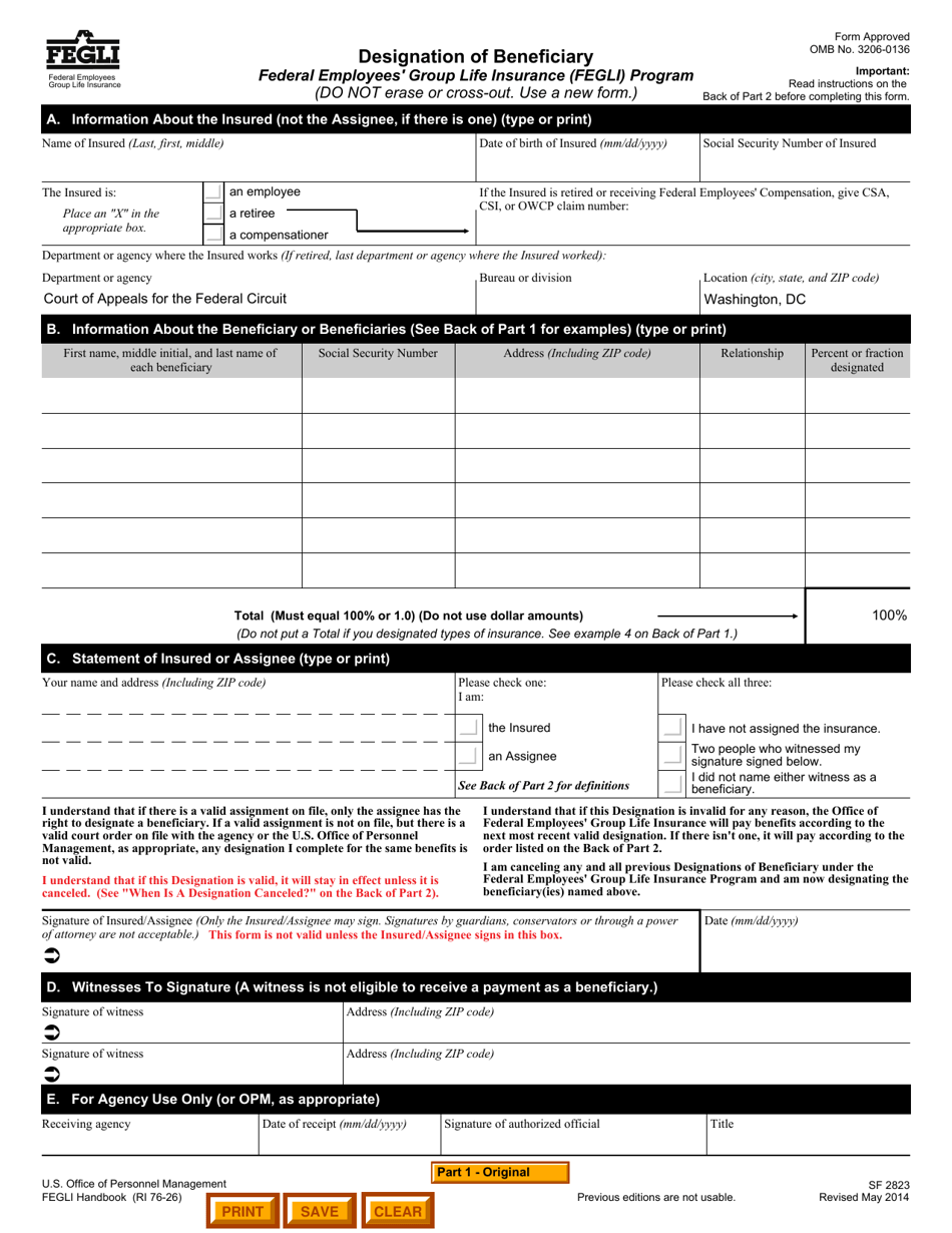Form SF2823 Designation of Beneficiary - Federal Employees Group Life Insurance (Fegli) Program, Page 1