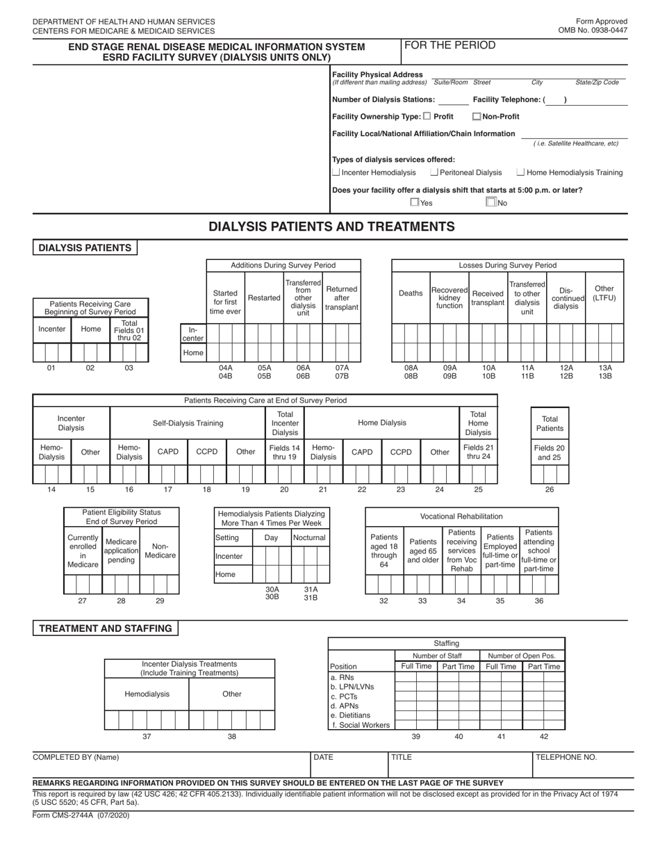 Form CMS-2744A End Stage Renal Disease Medical Information System Esrd Facility Survey (Dialysis Units Only), Page 1