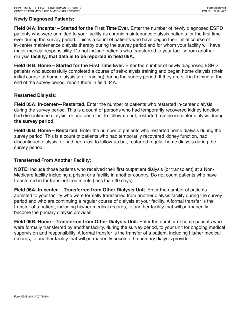 Form CMS-2744A End Stage Renal Disease Medical Information System Esrd Facility Survey (Dialysis Units Only), Page 4