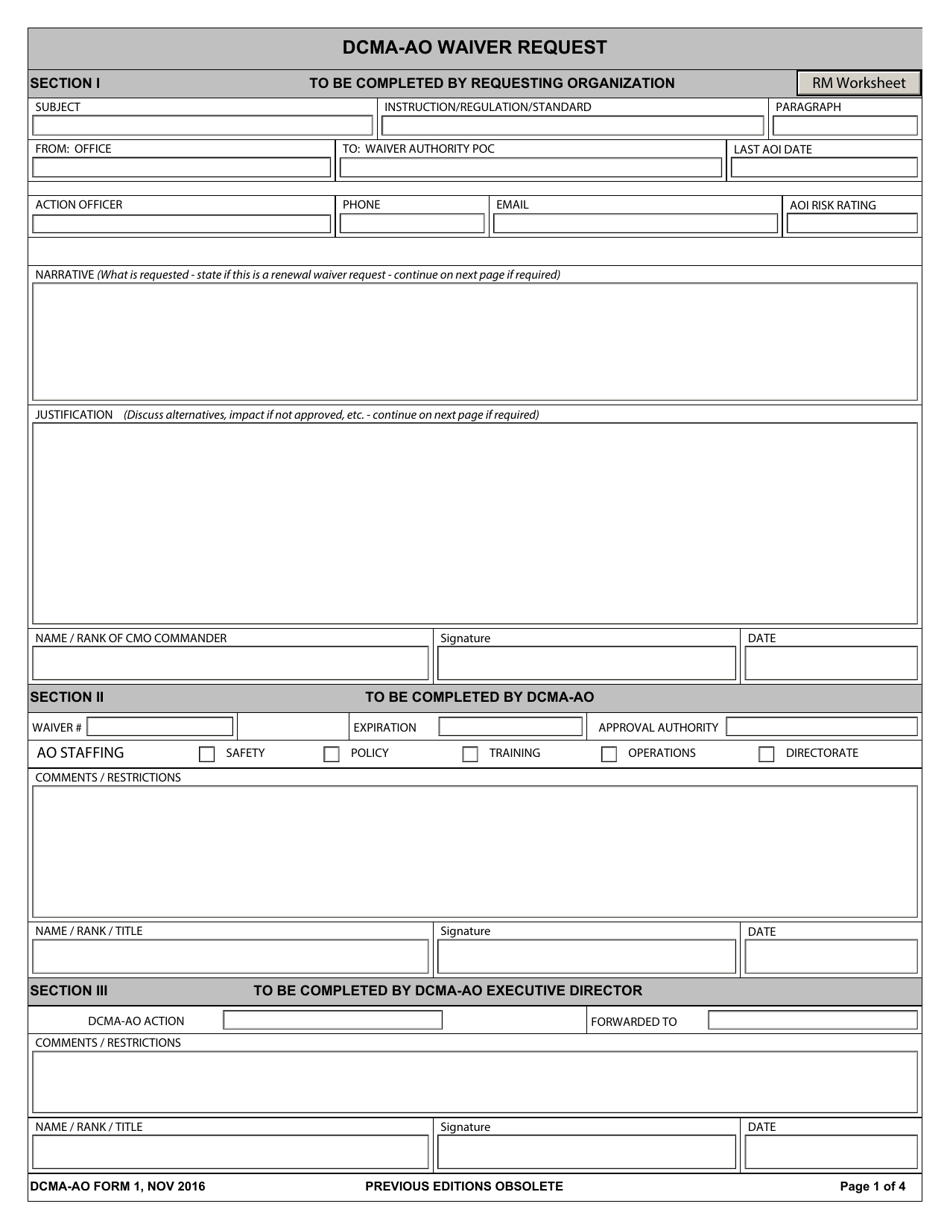 DCMA-AO Form 1 Dcma-Ao Waiver Request, Page 1