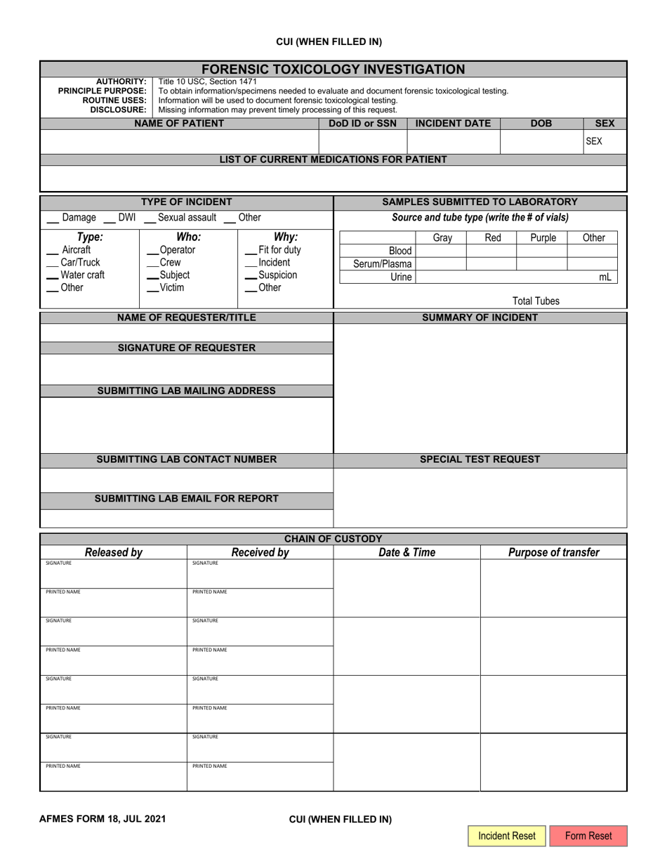 AFMES Form 18 Forensic Toxicology Investigation, Page 1