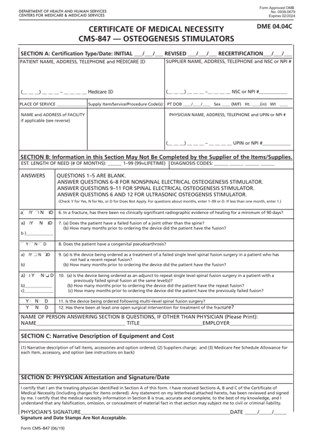 Form CMS-847 Certificate of Medical Necessity - Osteogenesis Stimulators