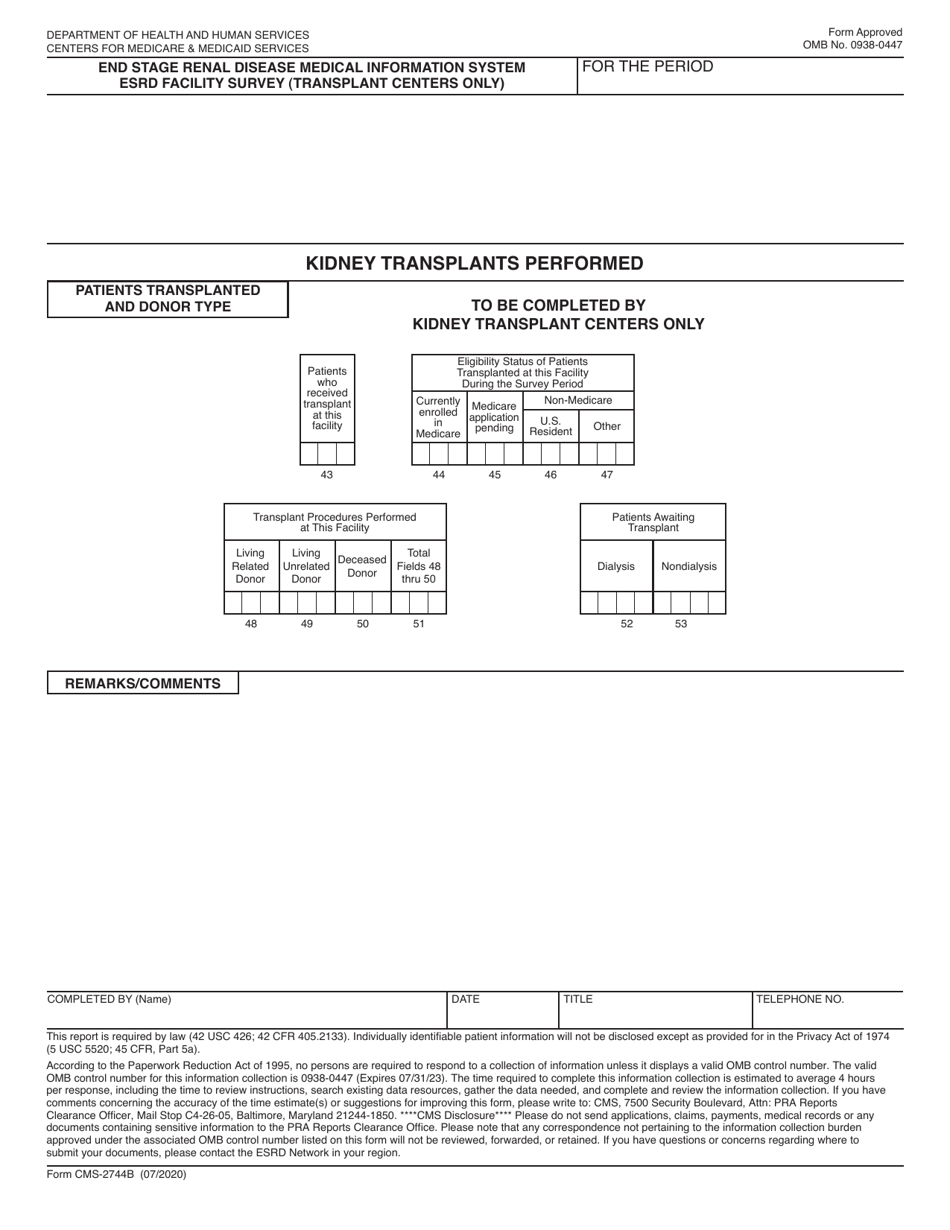 Form CMS-2744B End Stage Renal Disease Medical Information System Esrd Facility Survey (Transplant Centers Only), Page 1