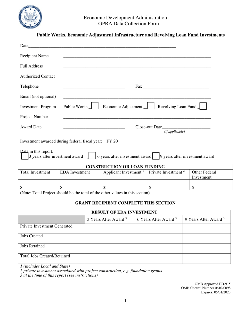 Form ED-915 Gpra Data Collection Form: Public Works, Economic Adjustment Infrastructure and Revolving Loan Fund Investments, Page 1