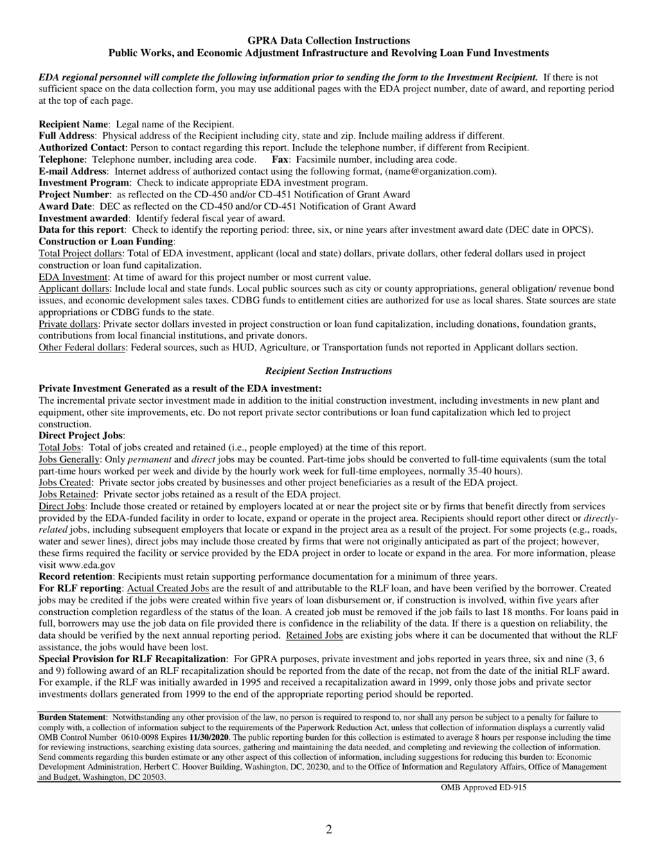 Form ED-915 Gpra Data Collection Form: Public Works, Economic Adjustment Infrastructure and Revolving Loan Fund Investments, Page 2