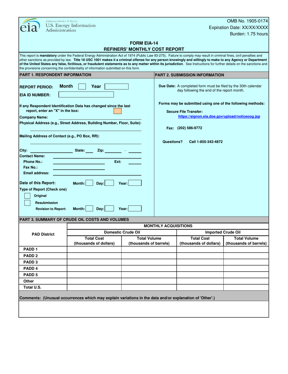 Form EIA-14 Refiners Monthly Cost Report, Page 1