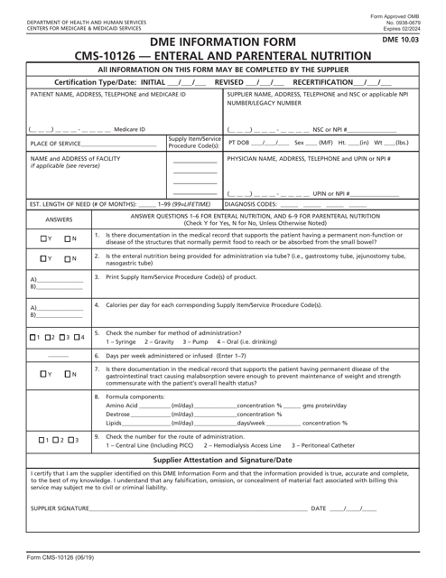 Form CMS-10126 Dme Information Form - Enteral and Parenteral Nutrition