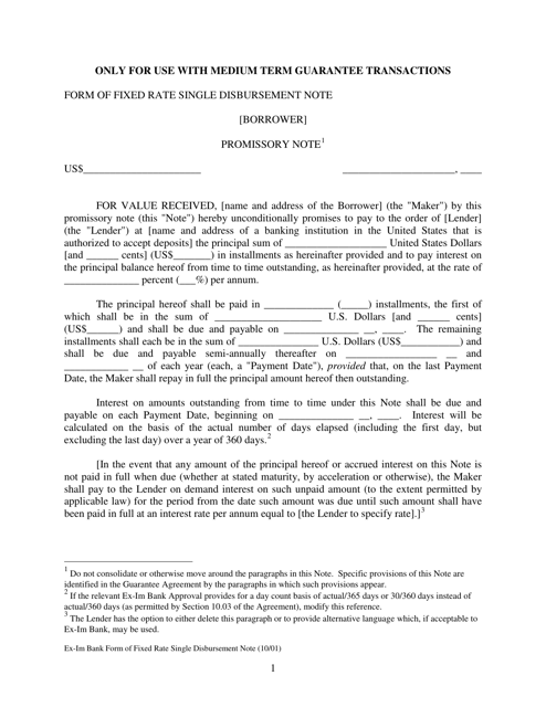 Form of Fixed Rate Single Disbursement Note
