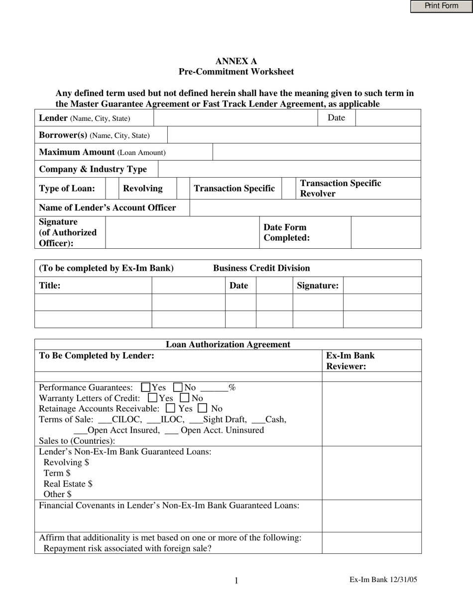Form EBD-W-23C Annex A Fast Track Pre-commitment Worksheet, Page 1