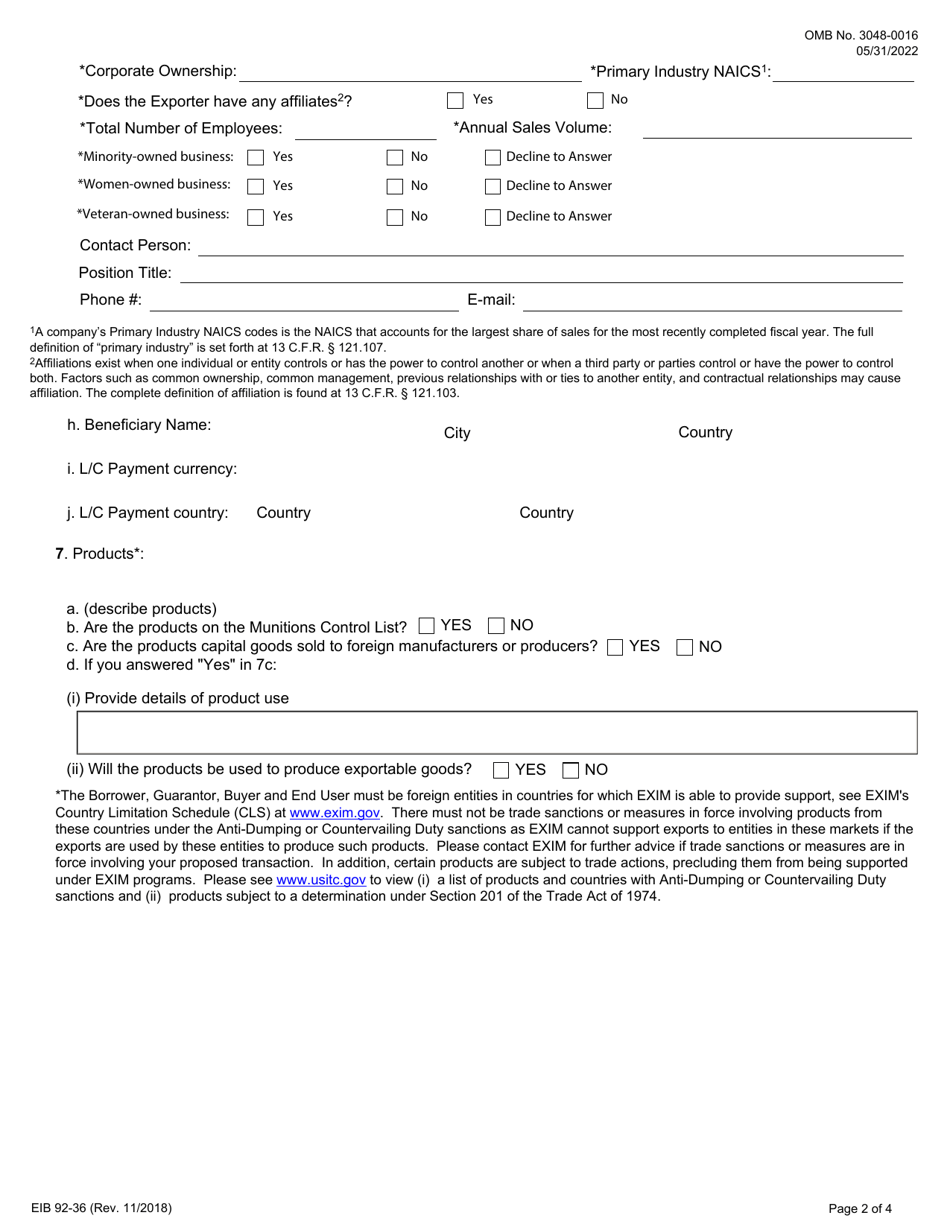 Form EIB92-36 Application for Issuing Bank Credit Limit (Ibcl) Under Letter of Credit Insurance Policies, Page 2