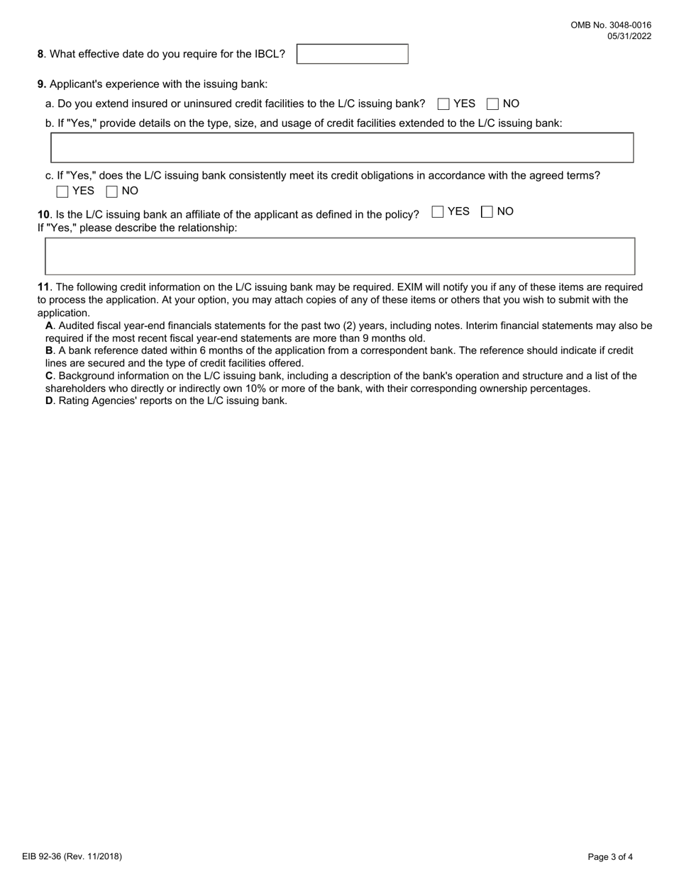 Form EIB92-36 Application for Issuing Bank Credit Limit (Ibcl) Under Letter of Credit Insurance Policies, Page 3