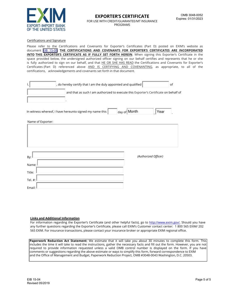 Form EIB15-04 Form of Exporters Certificate (Co-financing Transactions), Page 5