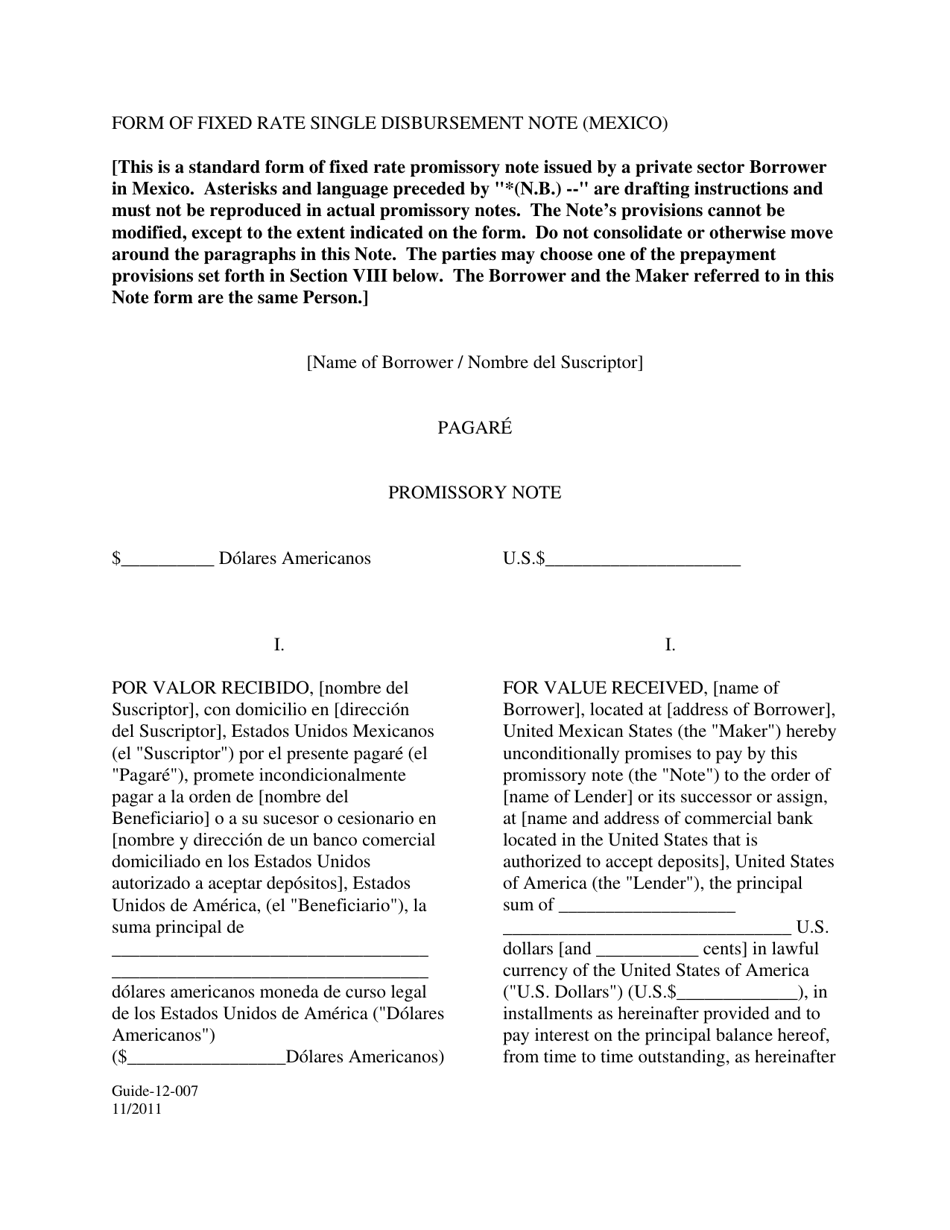 Form GUIDE-12-007 Form of Fixed Rate Single Disbursement Note (Mexico) (English / Spanish), Page 1