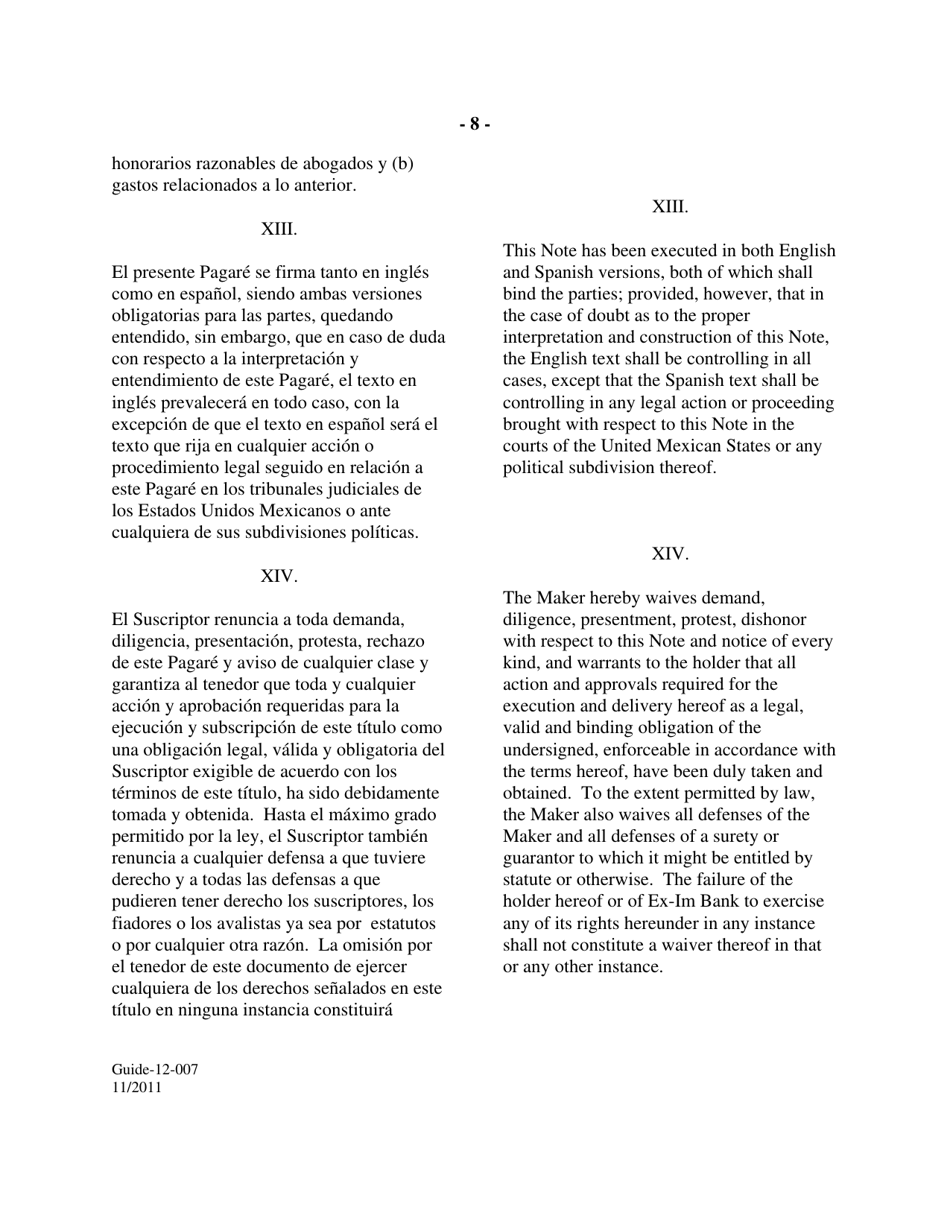 Form GUIDE-12-007 Form of Fixed Rate Single Disbursement Note (Mexico) (English / Spanish), Page 8