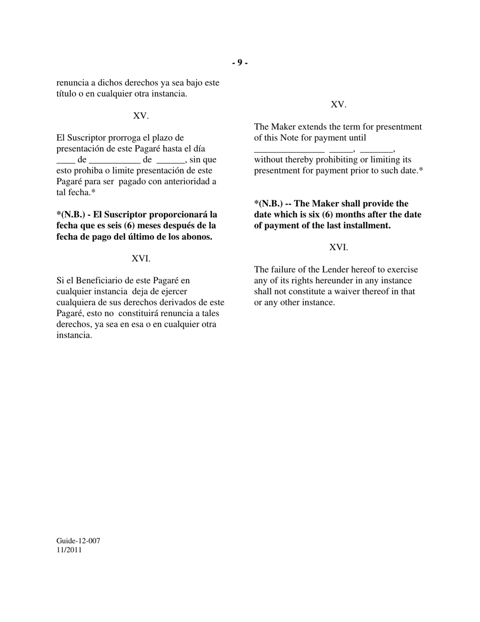 Form GUIDE-12-007 Form of Fixed Rate Single Disbursement Note (Mexico) (English / Spanish), Page 9