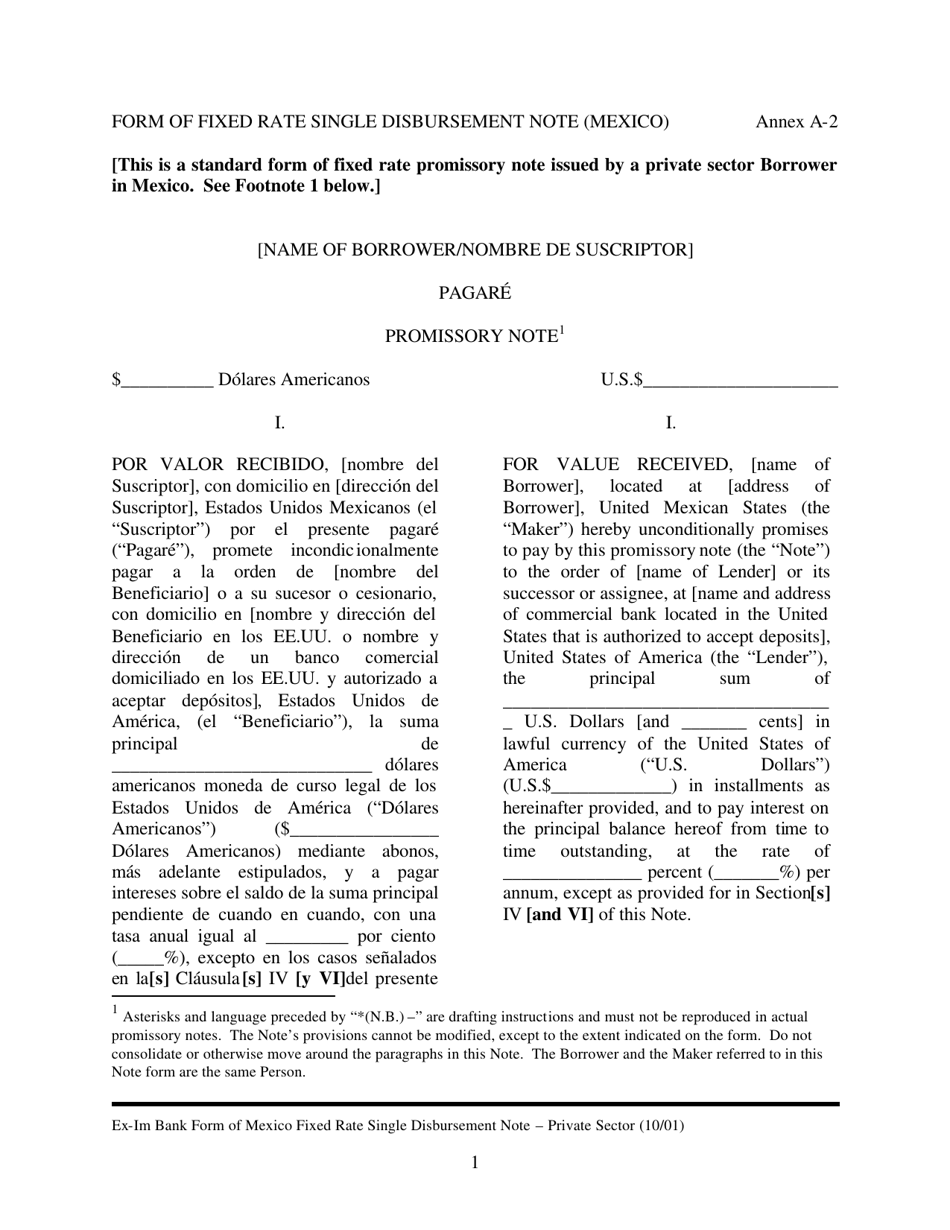 Annex A-2 Form of Fixed Rate Single Disbursement Note (Mexico) (English / Spanish), Page 1