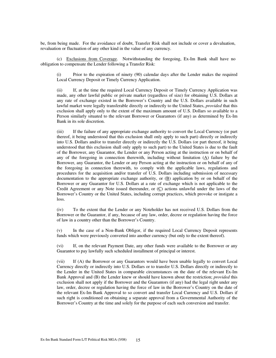 Form MGA-LP Master Guarantee Agreement (Long Term Political Risk Guarantees), Page 20