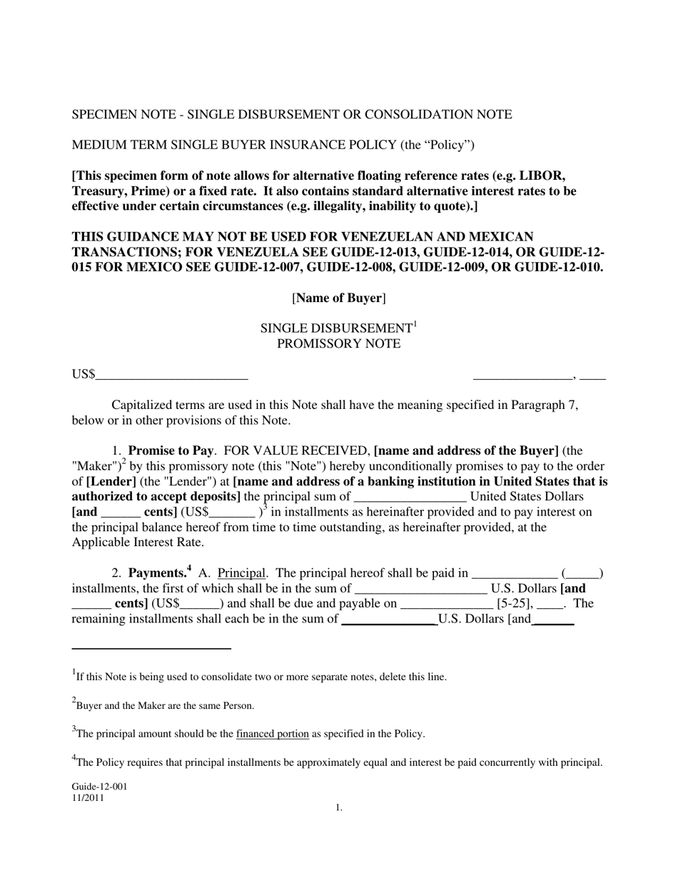Form GUIDE-12-001 Specimen Note - Single Disbursement or Consolidation Note, Page 1