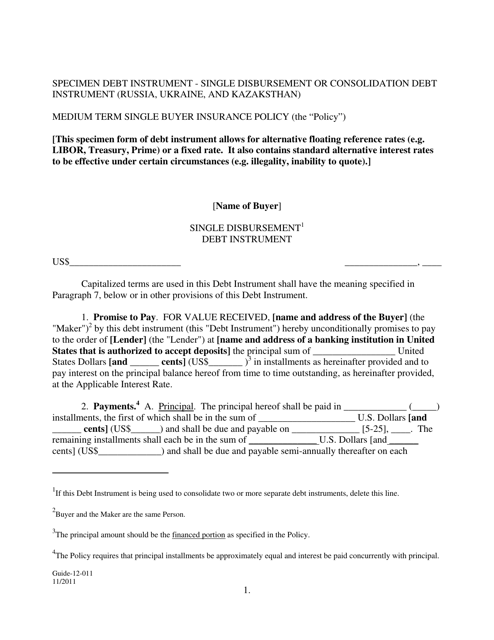 Form GUIDE-12-011 Russian, Ukraine, and Kazaksthan Promissory Note - Single Disbursement or Consolidation Note
