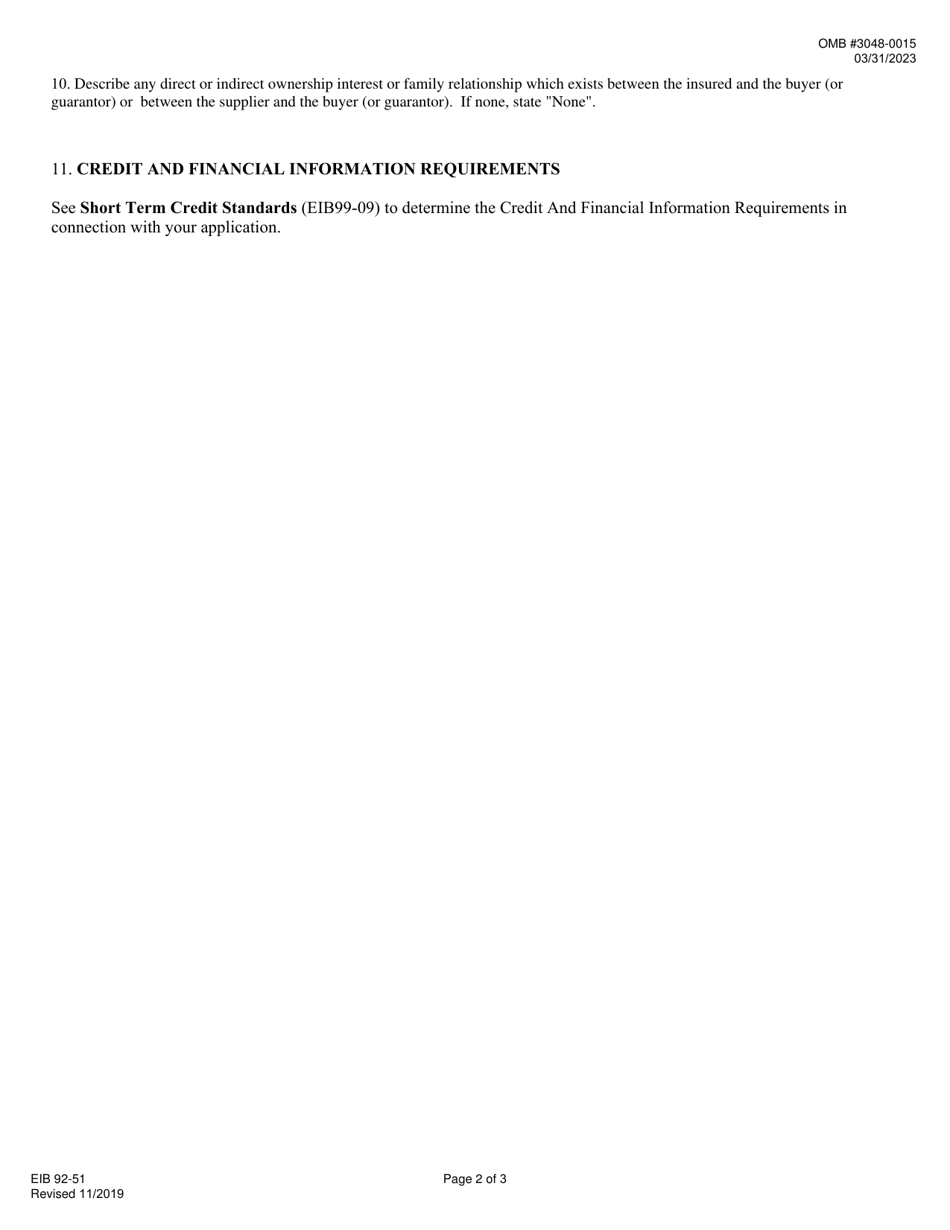 Form EIB92-51 Application for Special Buyer Credit Limit (Sbcl) Under Multi-Buyer Export Credit Insurance Policies, Page 2