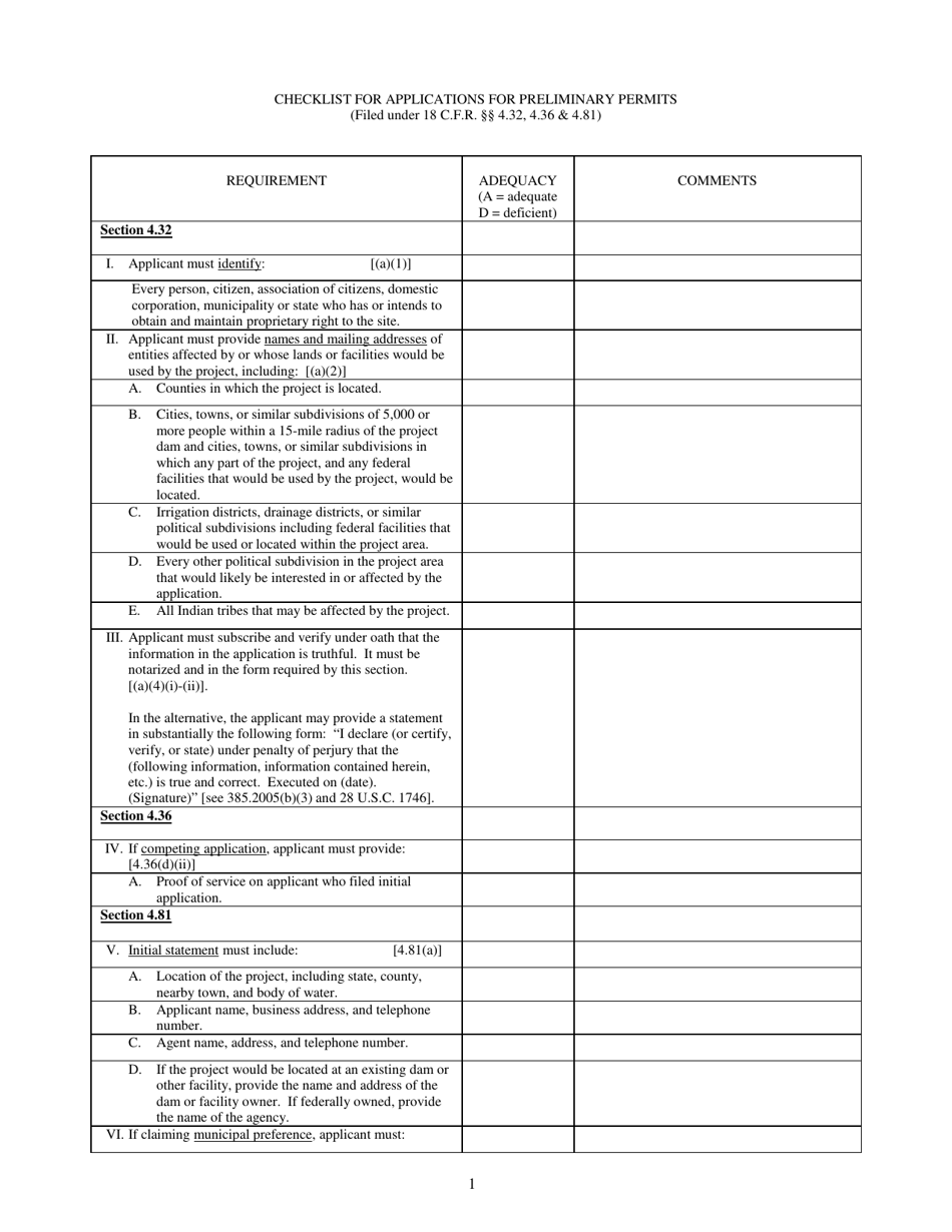 Checklist for Applications for Preliminary Permits, Page 1