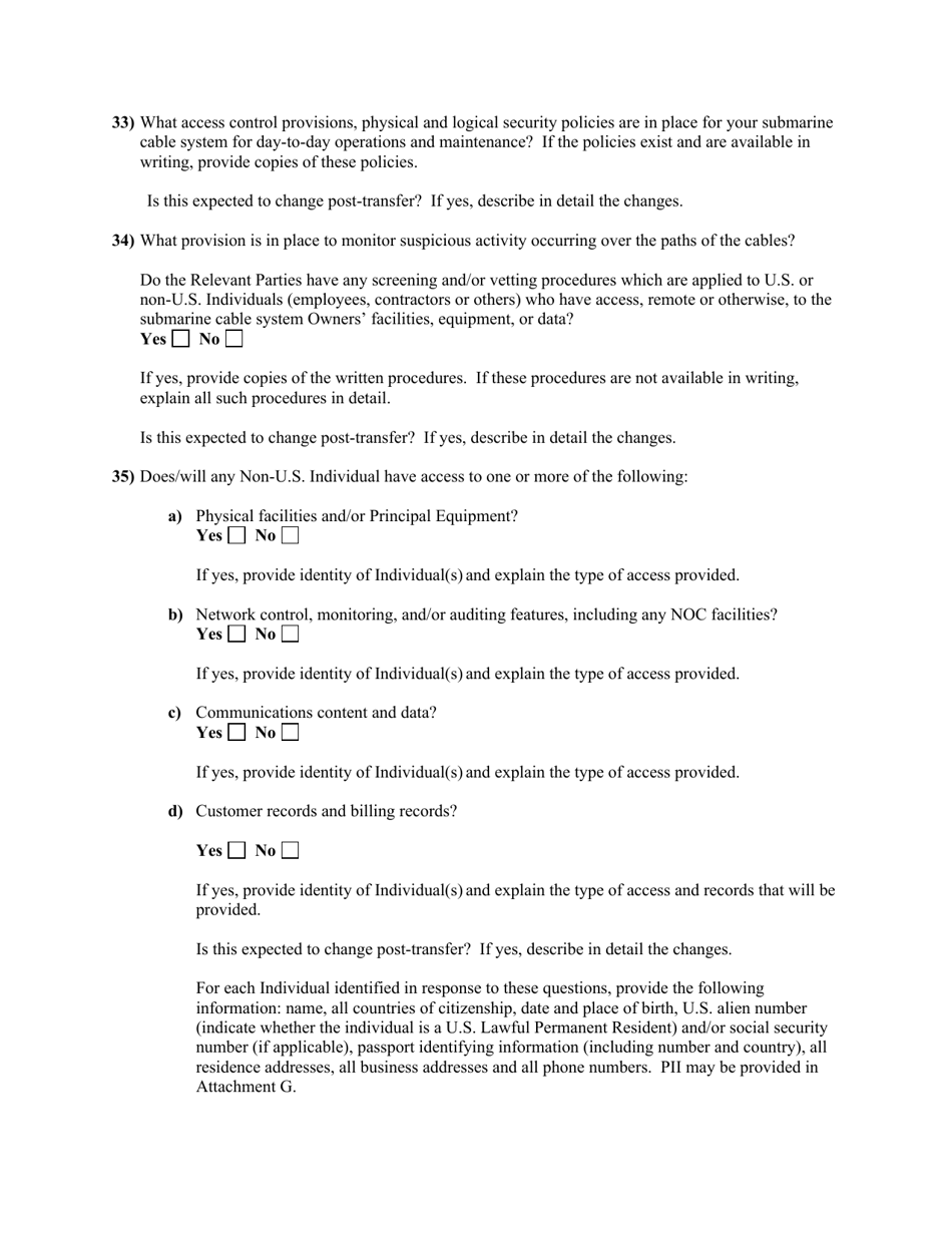 Attachment D Standard Questions for an Application for Assignment or Transfer of Control of a Submarine Cable Landing License, Page 10