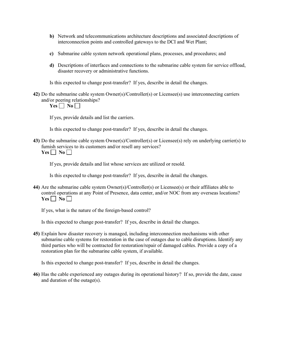 Attachment D Standard Questions for an Application for Assignment or Transfer of Control of a Submarine Cable Landing License, Page 12