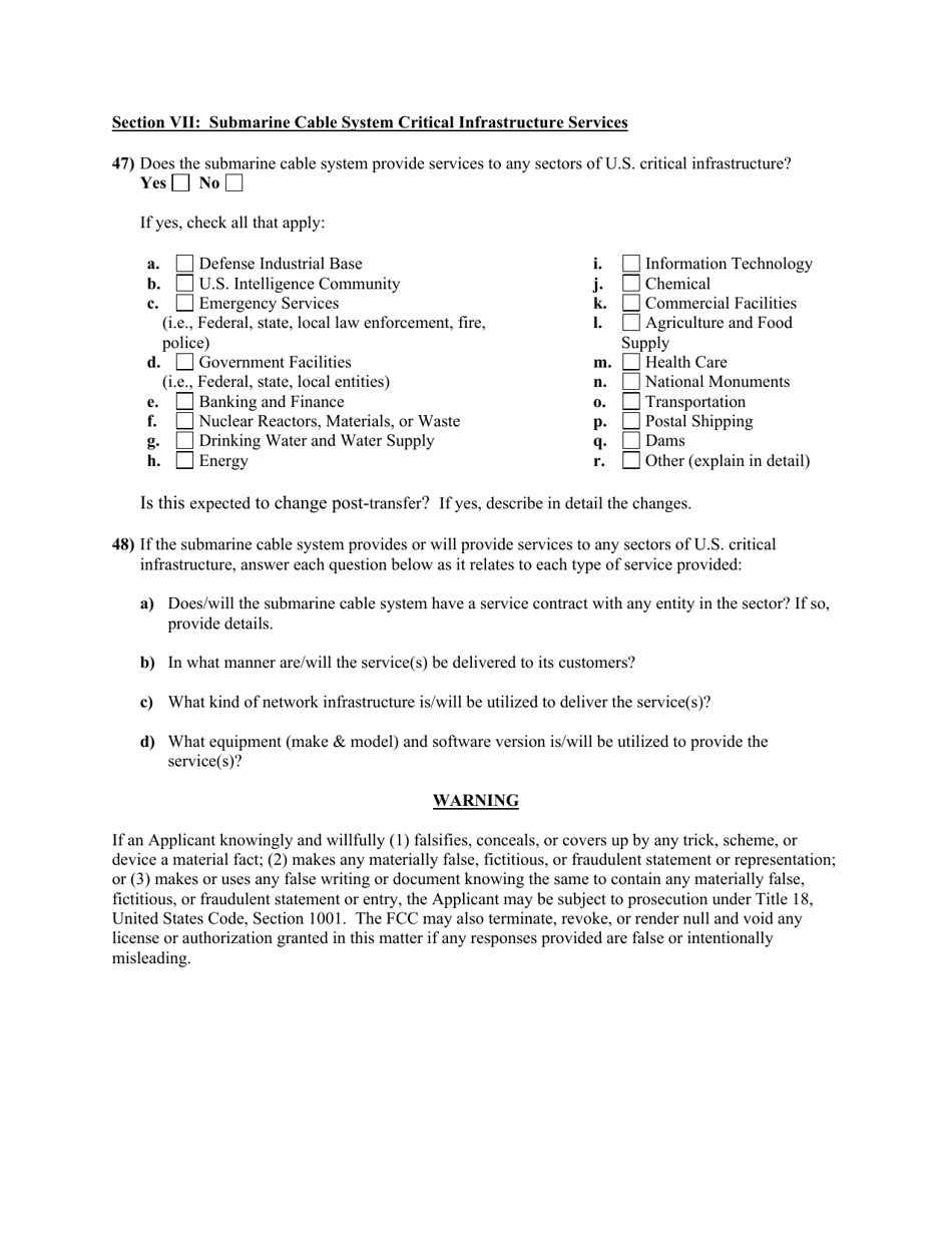 Attachment D Standard Questions for an Application for Assignment or Transfer of Control of a Submarine Cable Landing License, Page 13