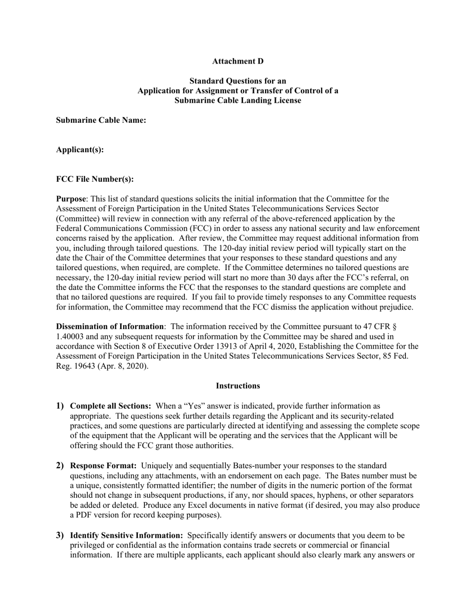 Attachment D Standard Questions for an Application for Assignment or Transfer of Control of a Submarine Cable Landing License, Page 1