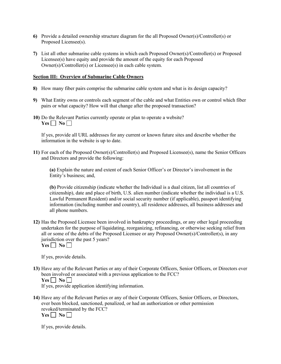 Attachment D Standard Questions for an Application for Assignment or Transfer of Control of a Submarine Cable Landing License, Page 6